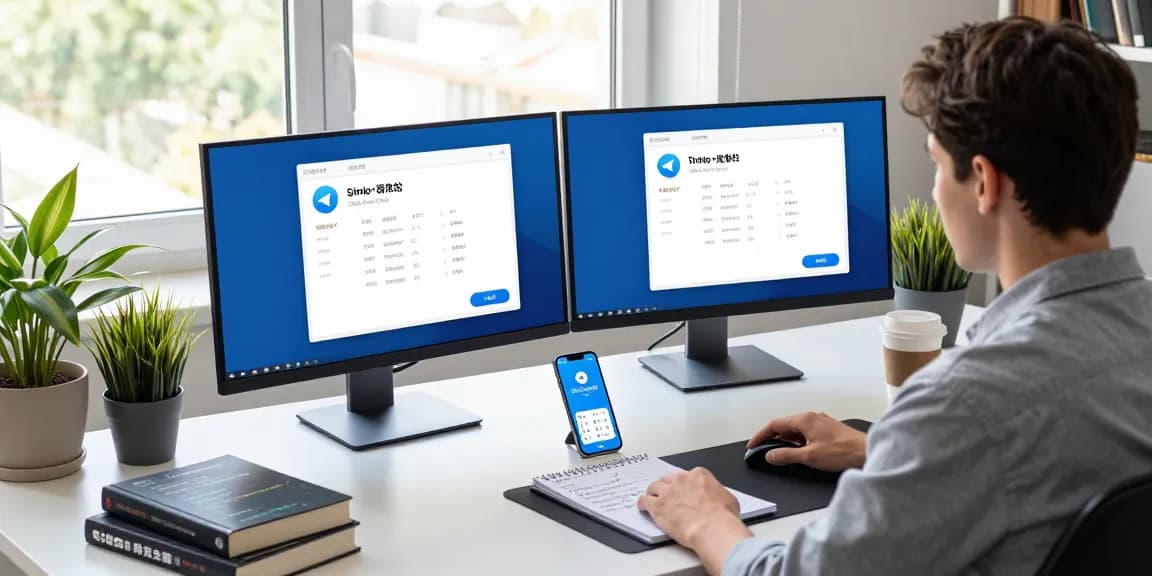 Displaying the Telegram Chinese Version setup on dual monitors in a modern tech workspace with coding elements.