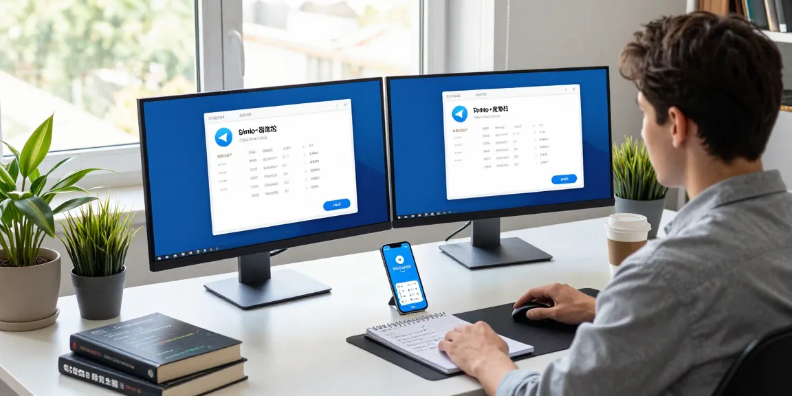 Displaying the Telegram Chinese Version setup on dual monitors in a modern tech workspace with coding elements.