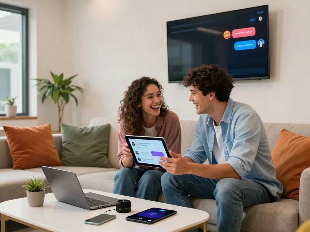 Couple enjoying spicy AI chat on a tablet in a cozy lounge.