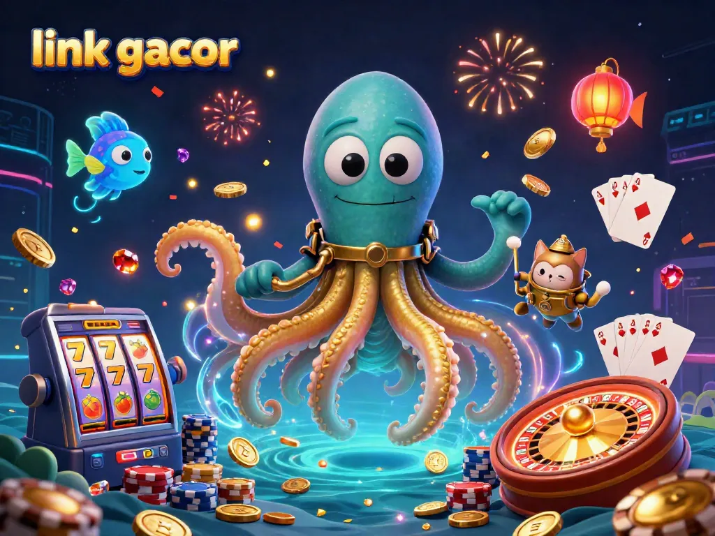 Experience online slot games with link gacor as a cartoon kraken and diving cat celebrate winnings.