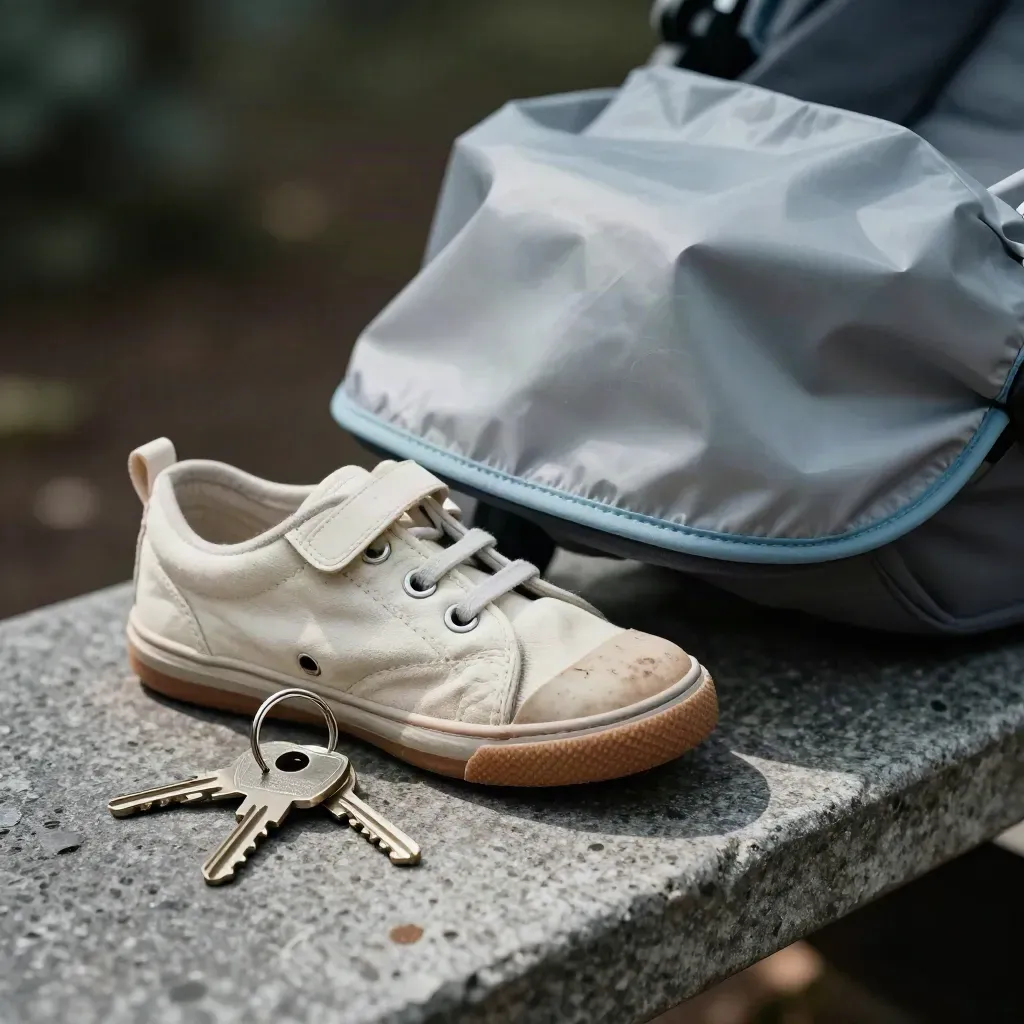 Kinder­sneaker, regenhoes en sleutelring op een stenen bank in donker, warm licht.