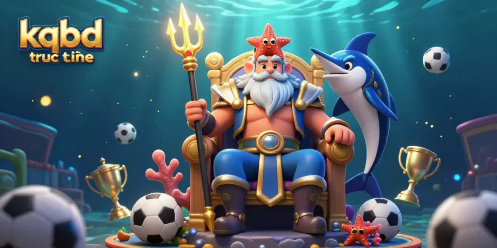 Experience kqbd truc tuyến with a vibrant illustration showcasing sports betting elements like trophies and soccer balls.