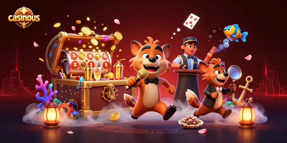 Experience the thrill of gaming at casinous, featuring a lively casino scene with hyenas and slot reels.
