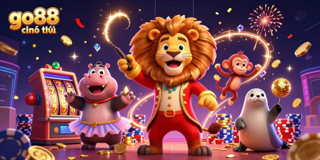 Experience excitement with go88 chính thức as a vibrant circus theme fills a dynamic casino scene.