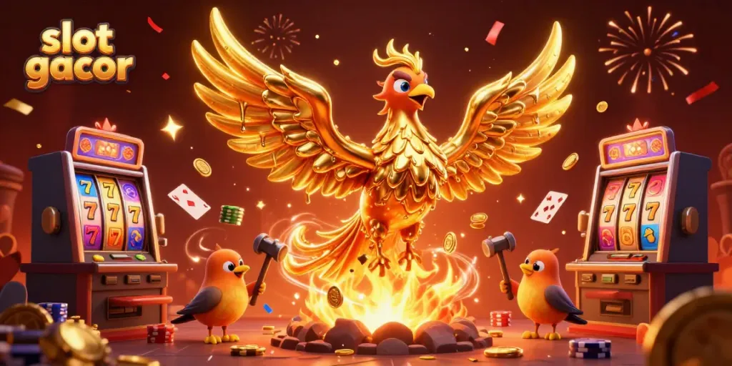 Experience slot gacor excitement with a molten phoenix and colorful casino elements.
