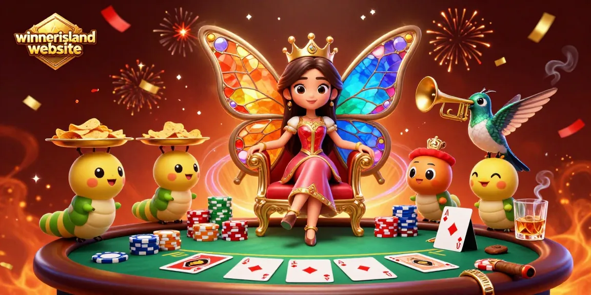 Engage with the vibrant winnerisland website through a 3D casino illustration featuring a butterfly queen amidst poker elements.