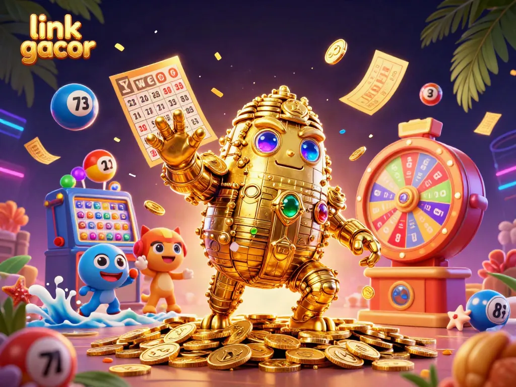 Experience the thrill of winning with link gacor at this vibrant illustration featuring spinning slot machines and colorful lottery balls.