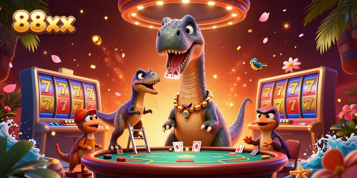Engage in exciting gameplay at 88xx with a vibrant 3D illustration of a brontosaurus and clever raptor dealing cards.