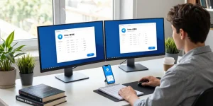 Displaying the Telegram Chinese Version setup on dual monitors in a modern tech workspace with coding elements.