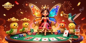 Engage with the vibrant winnerisland website through a 3D casino illustration featuring a butterfly queen amidst poker elements.