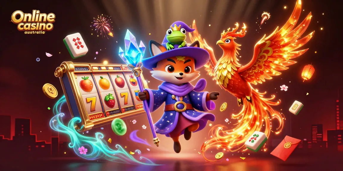 Engaging illustration of online casino Australia featuring a wizard fox and phoenix with slot symbols