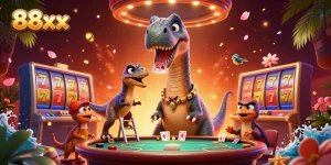 Engage in exciting gameplay at 88xx with a vibrant 3D illustration of a brontosaurus and clever raptor dealing cards.